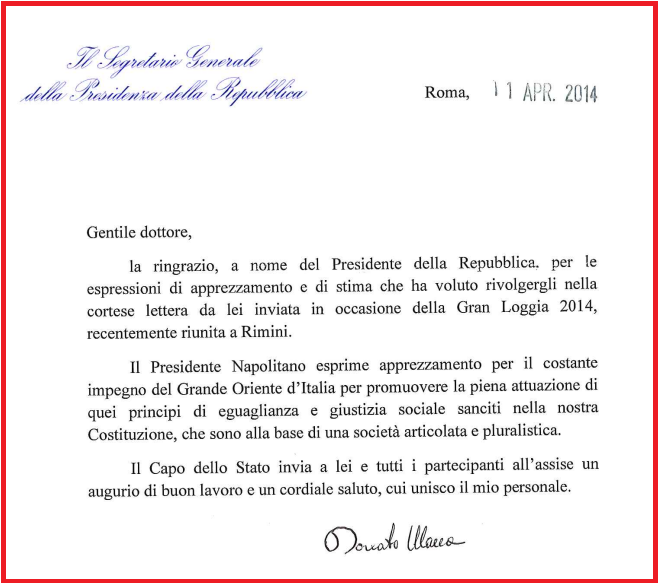 NAPOLITANO CI RICASCA: TERZA LETTERA ALLA MASSONERIA IN 8 MESI