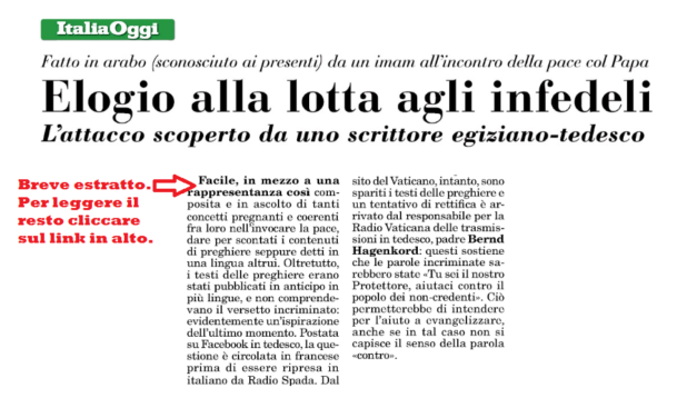 Il quotidiano Italia Oggi cita Radio Spada sulla questione ecumenismo-lotta agli infedeli