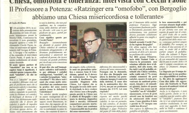 Cecchi Paone: Ratzinger era ‘omofobo’, con Bergoglio abbiamo una Chiesa misericordiosa