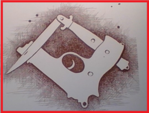 Coltello e Pistola = Squadra e Compasso. [raffigurazione di Enzo Patti tratta da p.56 di "Osso, Mastrosso e Carcagnosso", di Vincenzo Macrì, edito da Rubettino]