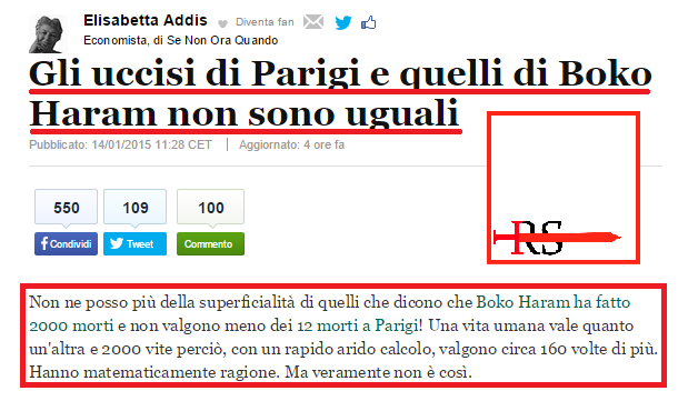 Sull’Huffington Post, la strage di Charlie Hebdo è più grave dell’eccidio di Boko Haram in Nigeria