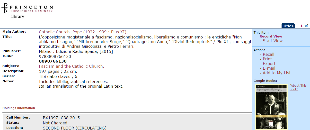 Il libro ‘L’opposizione magisteriale’ al Princeton Theological Seminary e ad Harvard