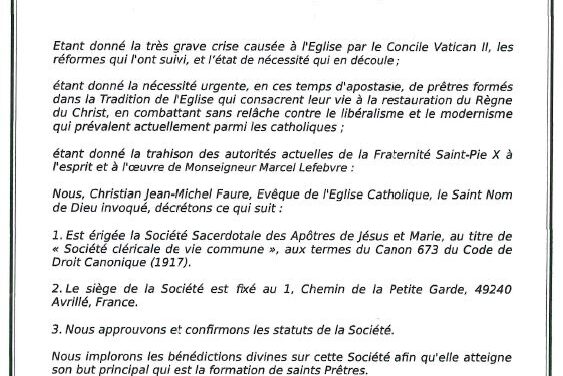 Nasce la ‘Società Sacerdotale degli Apostoli di Gesù e Maria’. Eretta con decreto di Mons. Faure per ‘combattere il modernismo’
