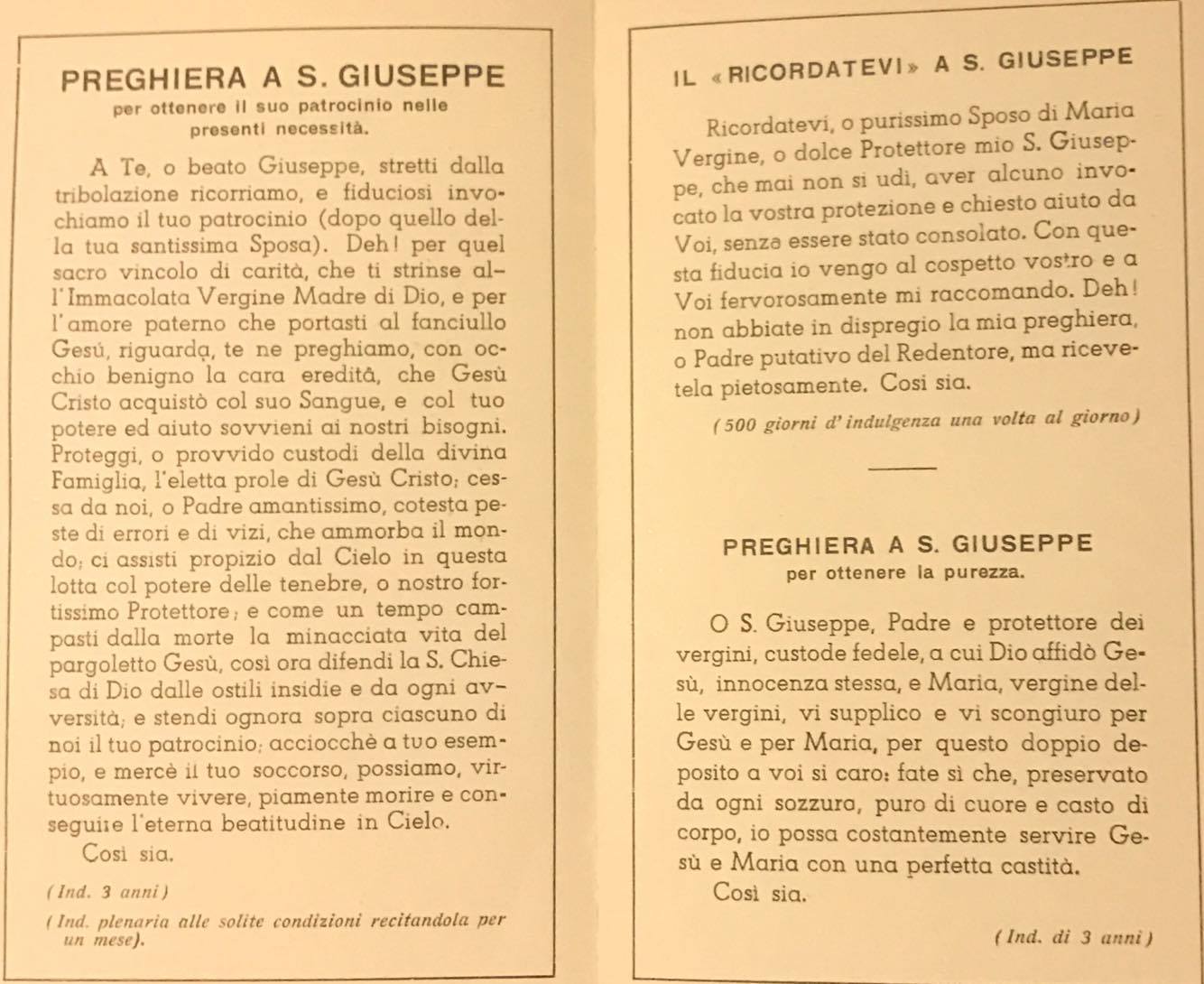 Un santino del 1943 con alcune belle preghiere a San Giuseppe