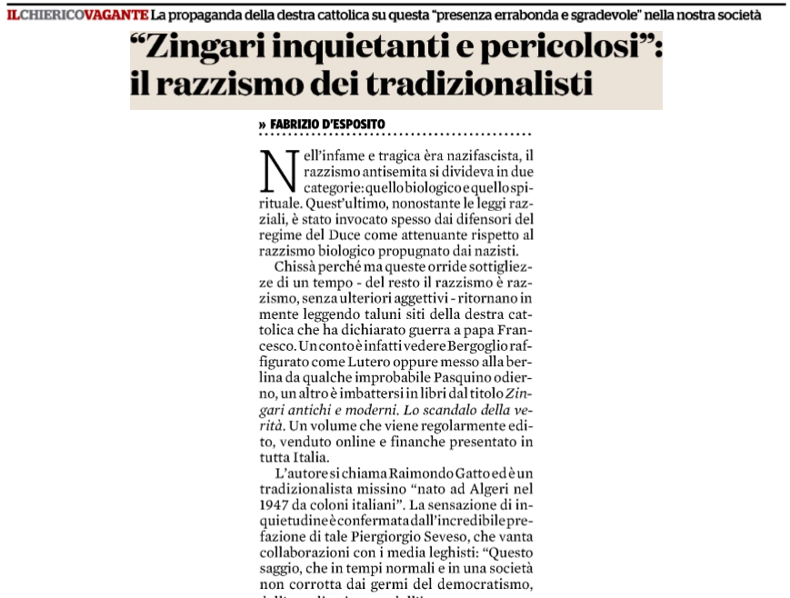 Continua l’attacco a Radio Spada: RAI Radio3 e Fatto Quotidiano contro il libro ‘Zingari’: ‘razzismo dei tradizionalisti’