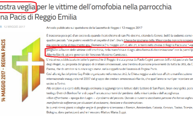 Il portale Gionata (su ‘fede ed omosessualità’) rilancia l’articolo della Gazzetta dove si annuncia la presenza del vicario del vescovo alla ‘veglia antiomofobia’