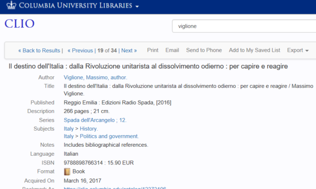 ‘Il destino dell’Italia’ di M. Viglione (Ed. Radio Spada) acquisito in 20 tra le principali biblioteche universitarie del mondo