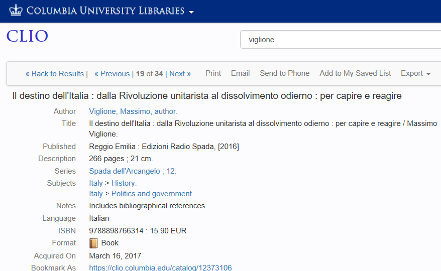 ‘Il destino dell’Italia’ di M. Viglione (Ed. Radio Spada) acquisito in 20 tra le principali biblioteche universitarie del mondo