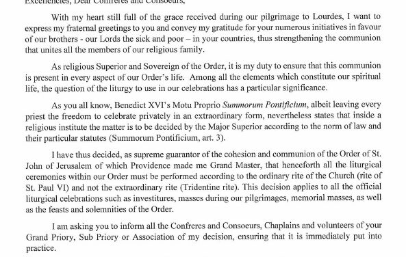 La “Messa Tridentina”? Espulsa ufficialmente dal Sovrano Militare Ordine di Malta