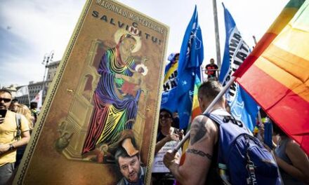 Immagine blasfema della Madonna al Pride romano.