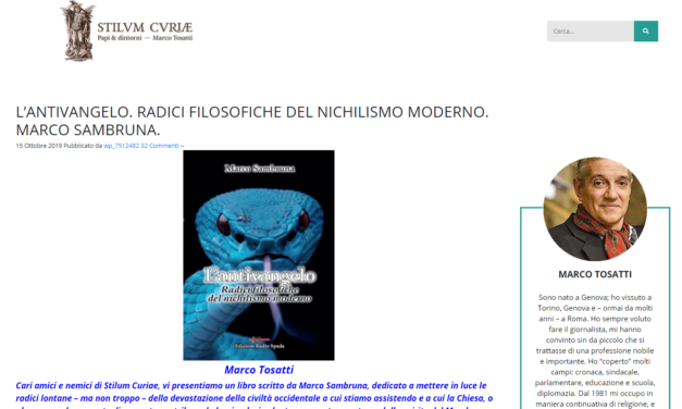 M. Tosatti invita a leggere “L’Antivangelo”, una delle nostre novità editoriali