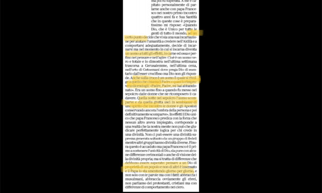 Ancora Scalfari, conferma eresia attribuita a Francesco e aggiunge altro. “Sta smentendo…