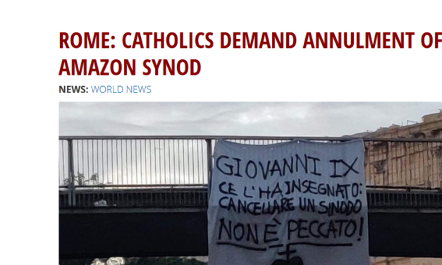 Anche ChurchMilitant, citando Radio Spada, parla dello striscione sull’annullamento del Sinodo