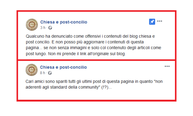Anche Chiesa e post-concilio denuncia di essere sotto censura social: «Limitazioni alla nostra pagina»